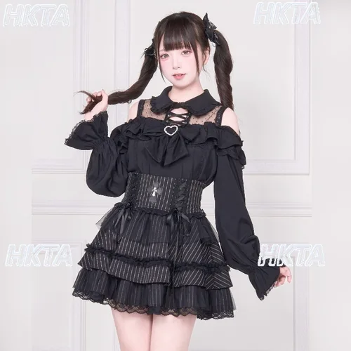 Imagen 2 del producto Estilo japonés producido en masa subcultura solapa pétalo camisa de manga larga Top mujeres agradable arco fuera del hombro Lolita Blusas Mujer