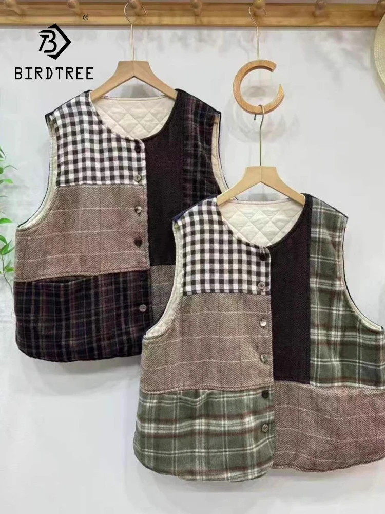 

New 2025 Winter Cotton Padded Vest, Women O Neck Plaid Patchwork, Mori Girl Vintage Casual Loose Warm Sleeveless Coat C5D347CC