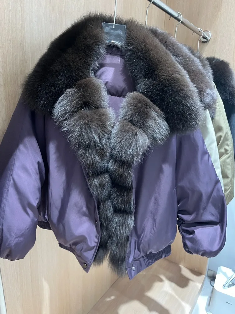

White Duck Down Coat Woman Real Fur Jacket Winter Female Large Real Fox Fur Collar Short Puffer Jacket Loose Warm Parkas Female