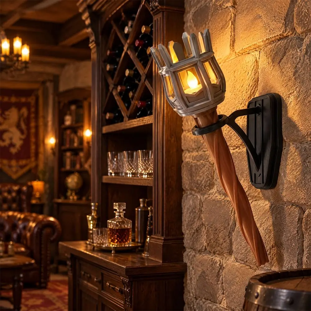 Vintage Medieval Torch Wall Lamp Dual Torch 3D Print Halloween Flame Torch Light Fantasy Theme Castle Style