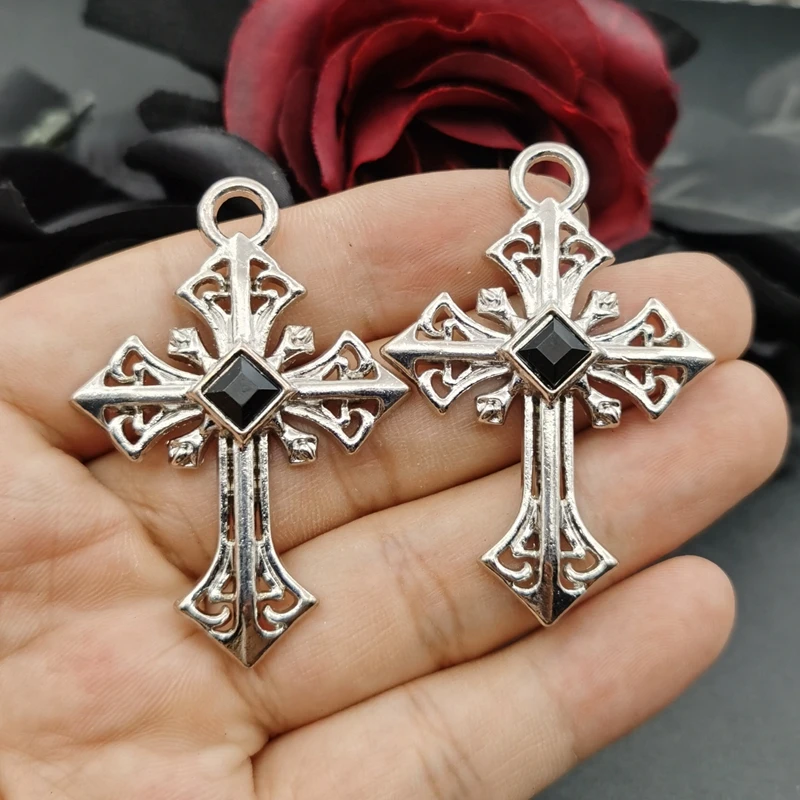 

2Pcs Alloy Cross Black Crystal Charms Gothic Geometry Pendant Fit Necklace Earrings DIY Jewelry Designer Making Accessories