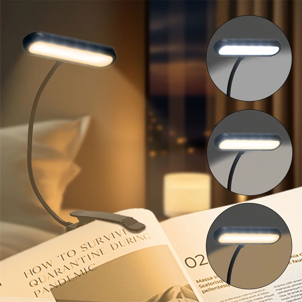 USB Rechargeable LED Reading Lamp Book Clamp Reading Light 3 color Temperatures for Work Reading Student Dormitory Night Light