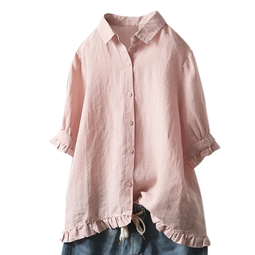 Women\'s Cotton And Linen shirt Solid Color lapel Button Up Shirt Upper Hem Short Sleeve Loose and casual Top Autumn Streetwear