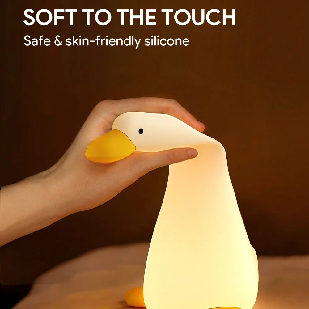 Cute Duck Silicone Night Light with Tap Control 3-Level Dimmable LED Bedside Lamp for Kids and Adults Rechargeable Bedroom Decor
