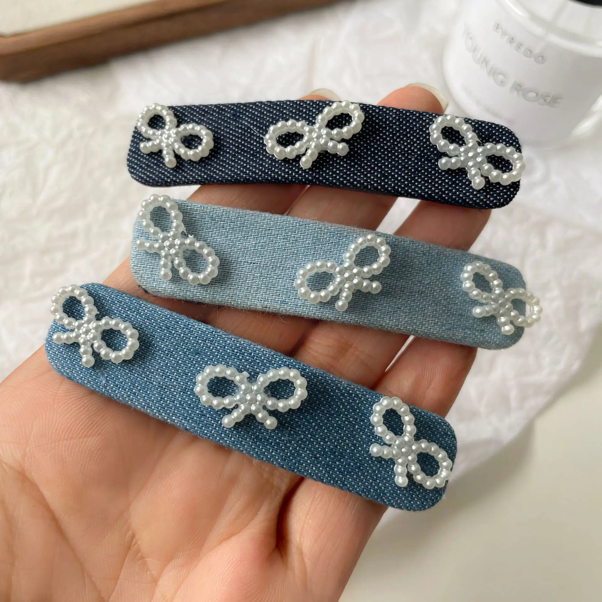 2024 New Korean Style Blue Series Denim Pearl BowKnot BB Hair Clips with Kawayi Hairpin Barrettes  Accessories for Women