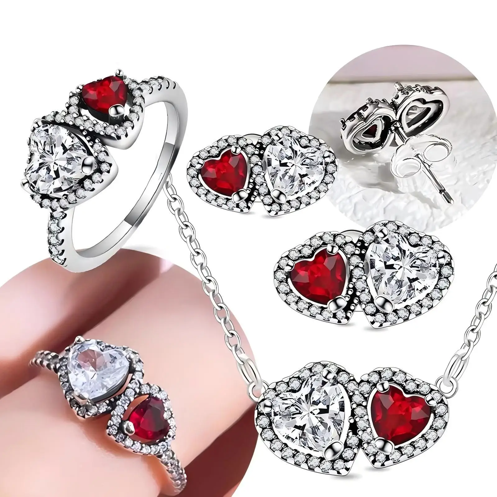 

925 Silver Plated Red Heart-shaped Jewelry Sets Double Heart Classic Ring Necklace Earrings Luxury Jewelry Gifts for Women