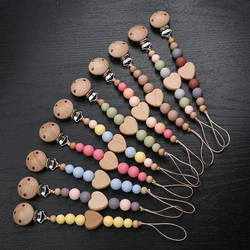 New Beech Wooden Heart Beads Baby Pacifier Chain Clip Silicone Beads Dummy Nipple Holder Teether Pendant for Newborn Toys Gift