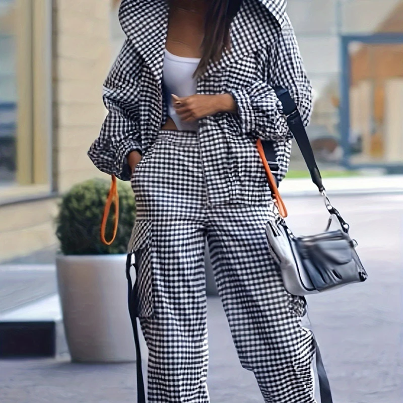 Women Streetwear Vacation Sets Gingham 2 Piece Outfits Hooded Long Sleeve Shirt And High Waist Cargo Wide Leg Pants Casual Suits