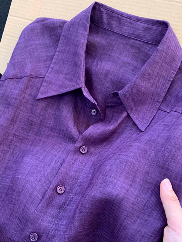 

Lightweight Purple Linen Collar Shirt Women's Summer New Lazy Unique Match Sunscreen Top French Style Loose Fit Long Sleeve