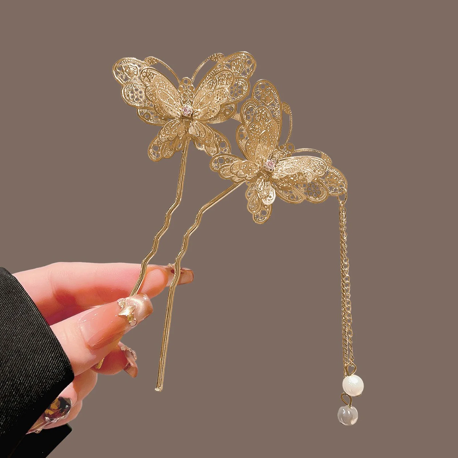 Neo Chinese Double Butterfly Tassel Hairpin Elegant Alloy Vintage Chinese Style For Wedding Party Daily Retro Outfit Women view 5