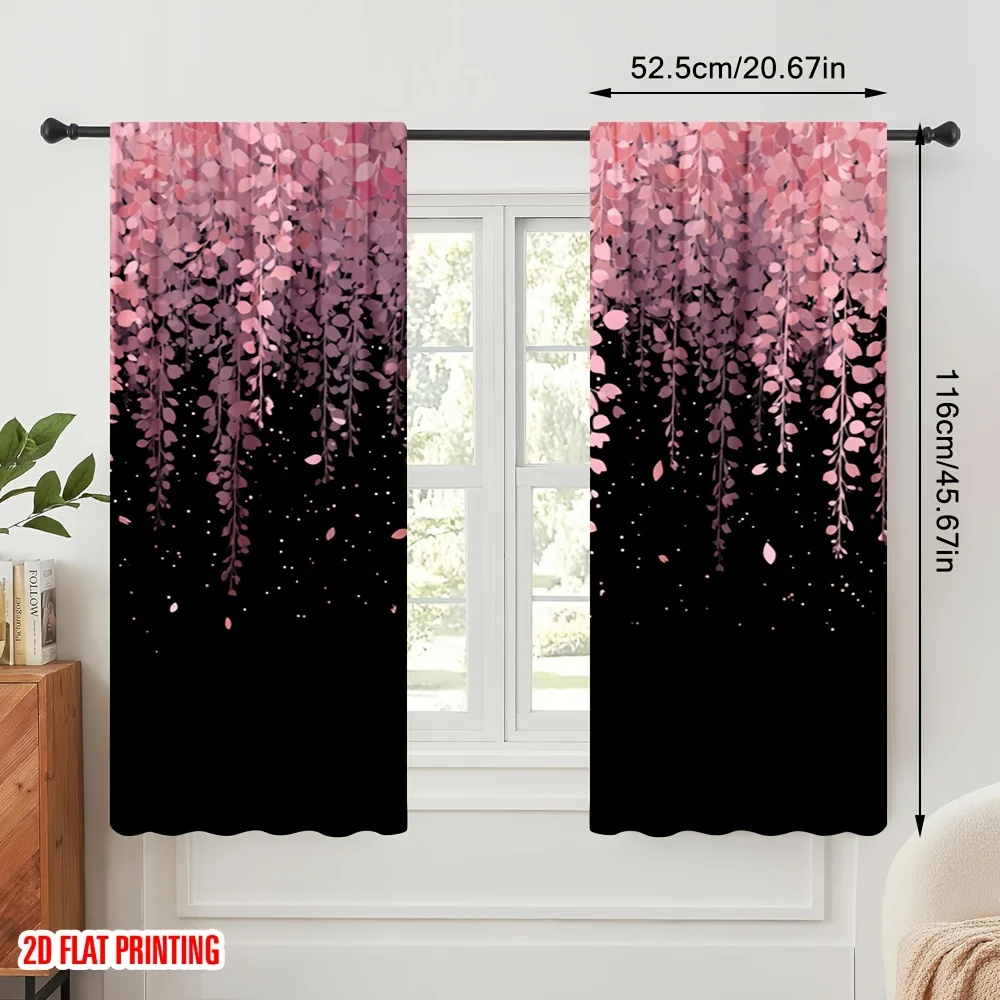 2pcs Pink Purple Hanging Leaf Starry Curtains Blackout Drapes for Bedroom Romantic Decor Botanical Night Print Window Treatment
