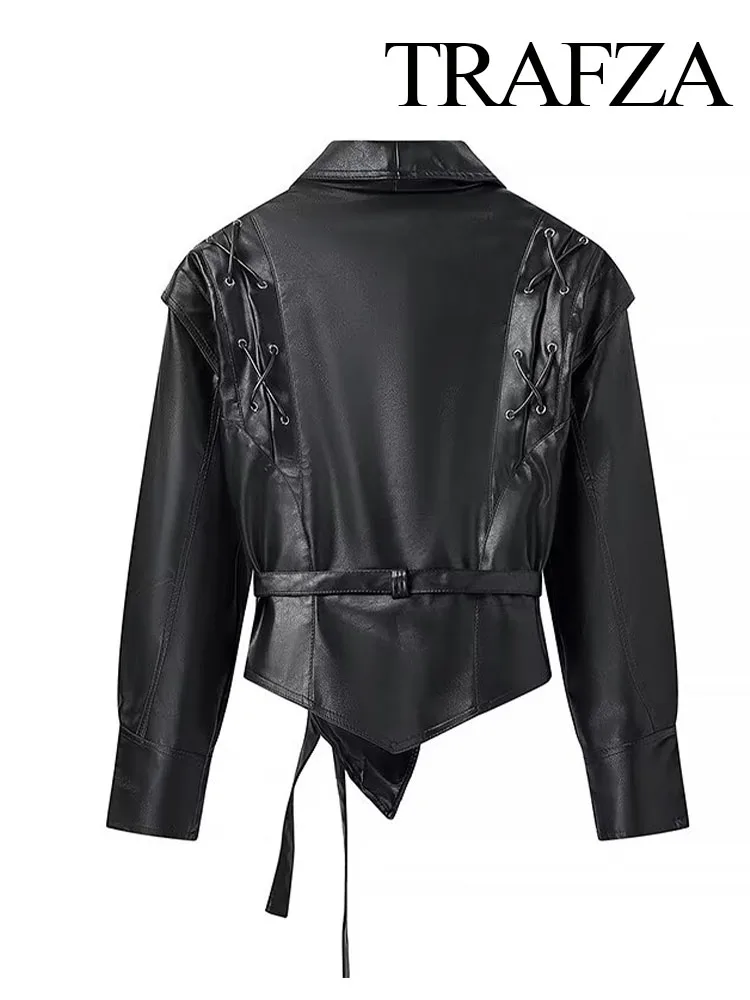 TRAFZA Women\'s Autumn Winter Vintage Coat Tops Female Turn Down Collar Lace Up Street Fashion Single Button Long Sleeves Jacket