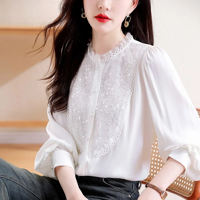 

Women Elegant Loose Ruffles Red Sequined Shirts Spring Temperament Chic Button Long Sleeve Blouses Female Top