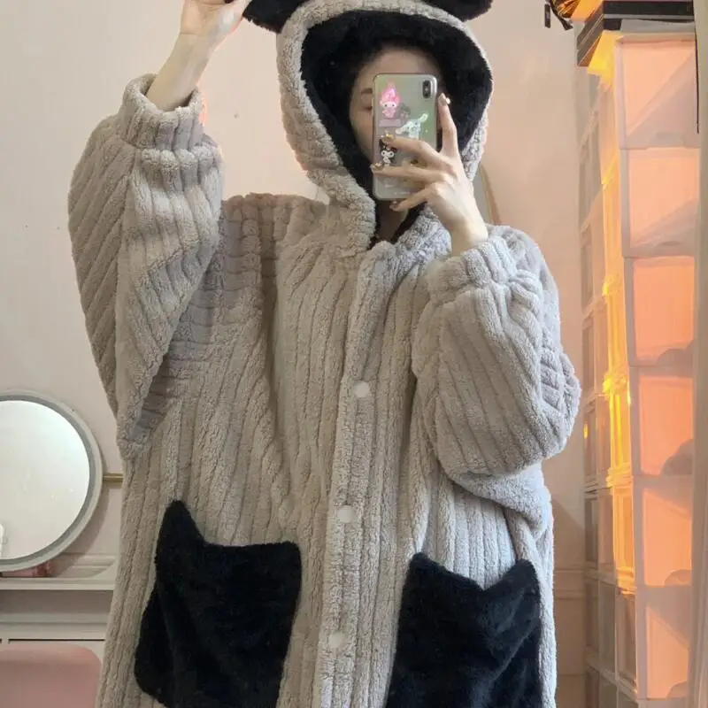Women's Clothing Coral Fleece Robe Winter Sweet Thicken New Model Long Style Nightdress Pajamas Wearable As Outerwear Homewear