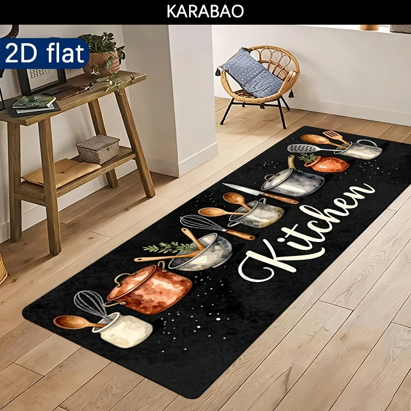 VIKAMA Vintage Cooking Utensil Long Rug Watercolor Pot And Spoon Pattern Non‑slip Easy‑clean Household Kitchen Runner Mat