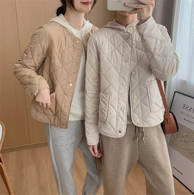 Women\'s Spring Versatile Lingge Collarless Light Thin Short Loose Cotton Jacket 2024 New Korean Cotton Jacket With Cotton Jacket