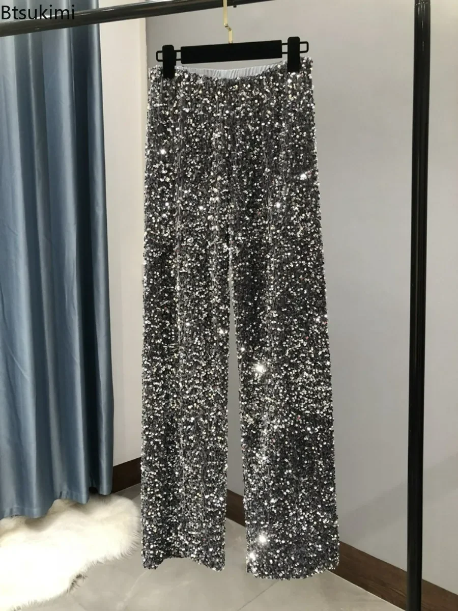 2025 Pantaloni da donna con paillettes nere argento caldo ispessimento Pantaloni glitter autunno inverno Pantaloni scintillanti Pantaloni da clubwear per feste Donna