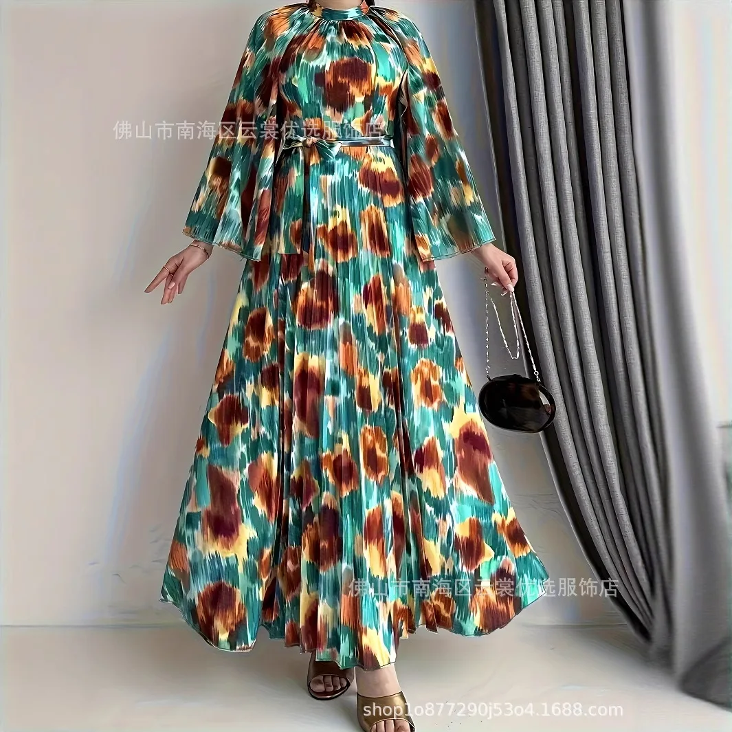 

Eid Women Long Dress Muslim Abaya Print Dresses Jalabiya Sashes Vestidos Ramadan Dubai Abayas Morocco Kaftan Islam Maxi Robe