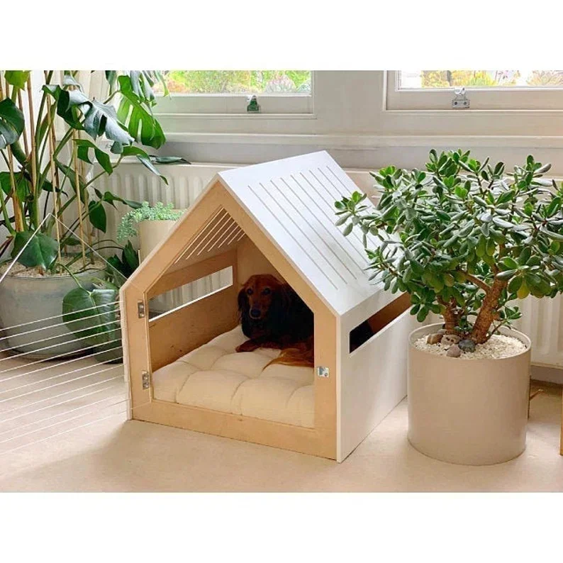 

Wooden Indoor Modern White Dog House With Acrylic Door Pet Furniture Kennel