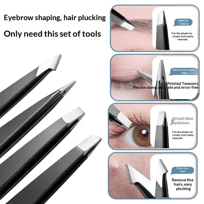 Durable 4PCS Professional Stainless Steel Slanted Eyebrow Tweezers for Grooming and Beauty Routine