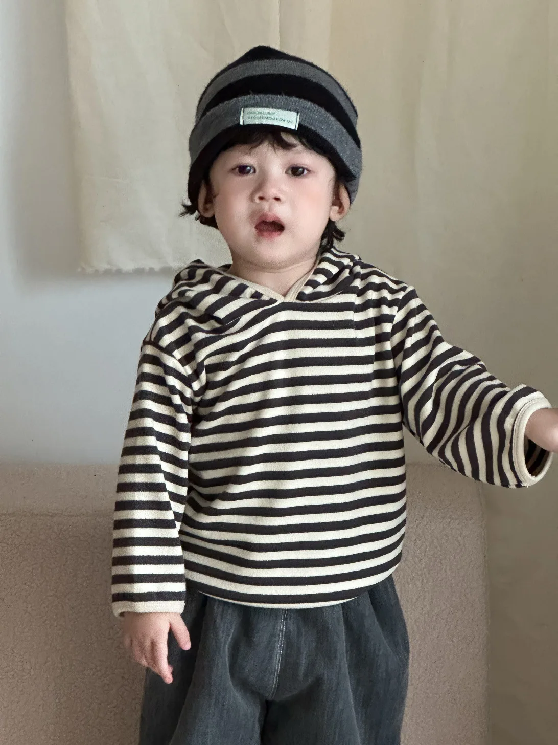 Toddler Boys Casual Pullover Infant Girls Striped Hoodie 2025 Winter New Baby Long Sleeve Hooded Sweatshirt Plus Velvet Thick #5