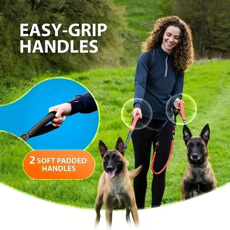 Dual Dog Leash Coupler - Comfort Padded Handles, No-Tangle, No-Pull Leash Bungee - 360° Swivel, Reflective, Shock Absorbing - Pe