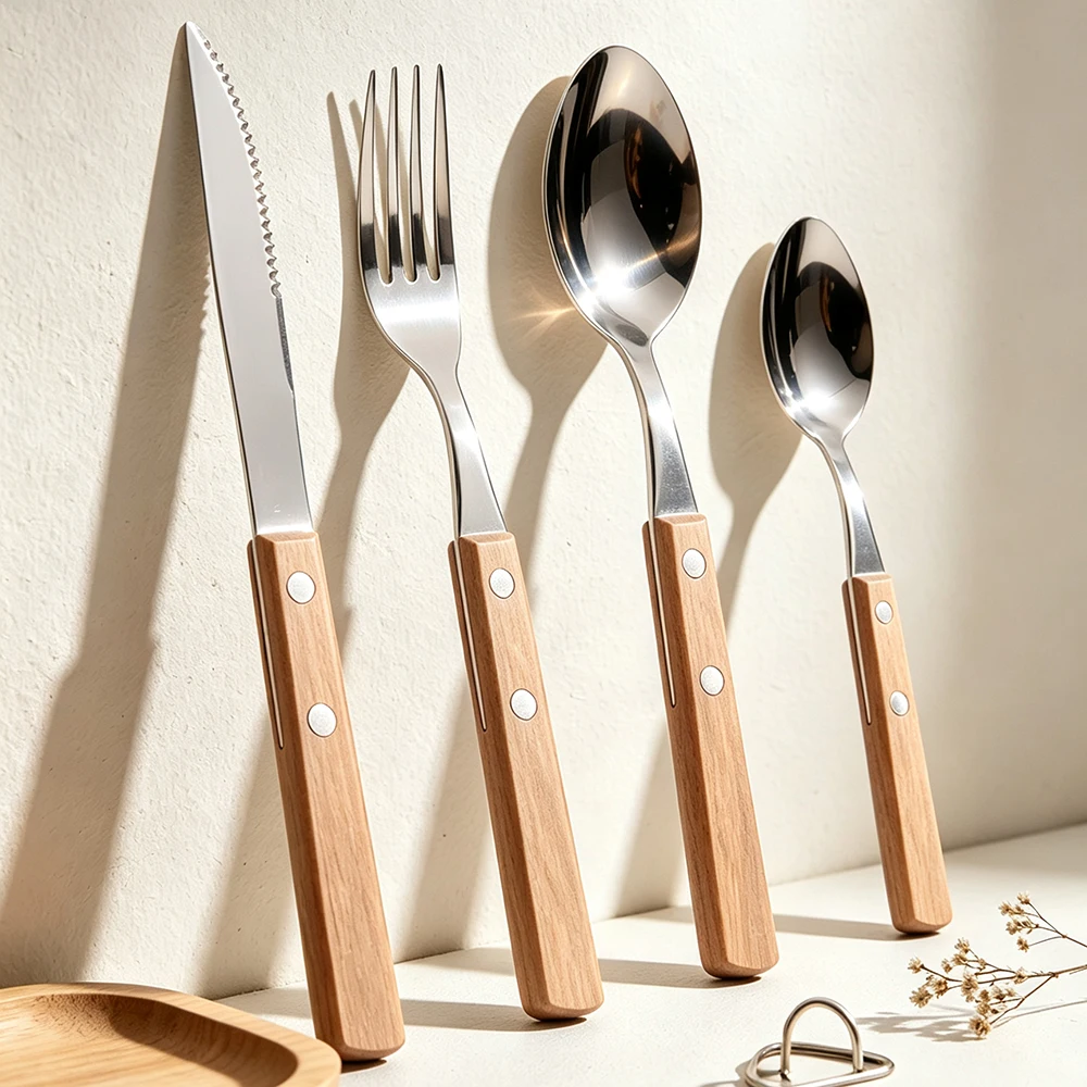 Knife Fork Teaspoon with Wooden Handle 304 Stainless Steel Cutlery Set 4Pcs Tableware Mirror Dinnerware Home Flatware Kitchen