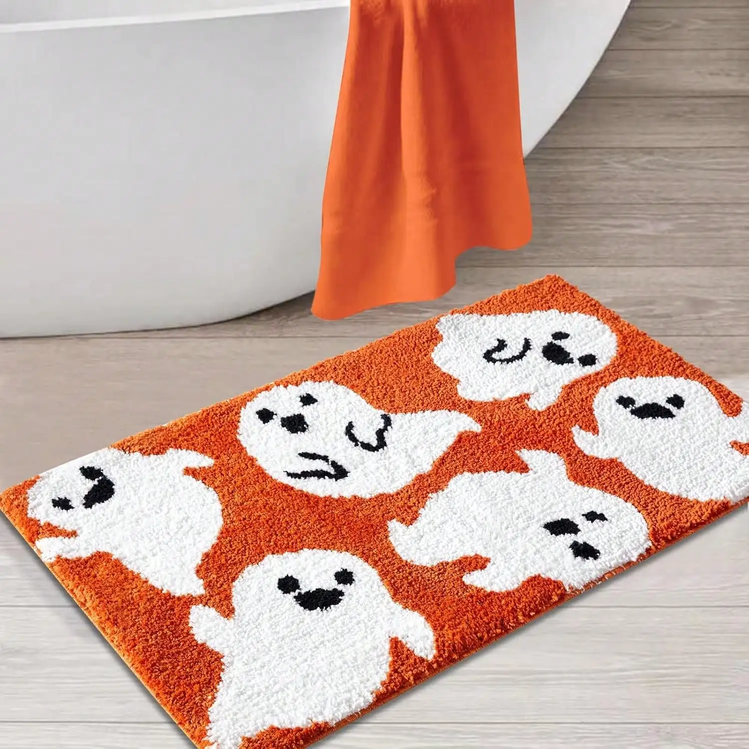 Cute Orange Ghost Bath Mat Non-Slip Machine Washable Halloween Gift All Saints' Day Decor All Saints' Day Gift Ghost Fun Halloween Bathroom Rug Bathroom Decor, Area Decor Rug, Halloween Home Decor, Bathroom Small Rug - Perfect For Home Entrance Or Bedroom