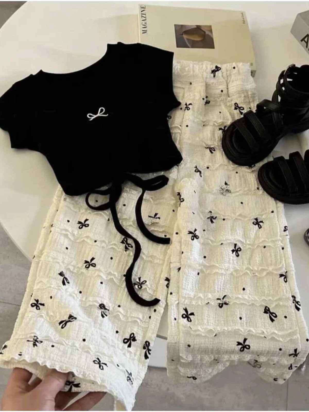 

Girls Knot Bal ort Sve Summer Faion Комплект Широкие брюки круглые Ne Long Sve Student orm Рабочий наряд