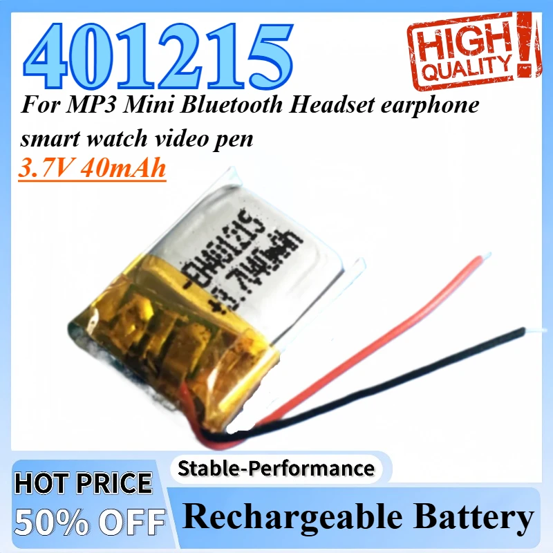 

401215 3.7V 40mAh Lithium Polymer Lipo Rechargeable Battery for MP3 Mini Bluetooth Headset Earphone Smart Watch Video Pen