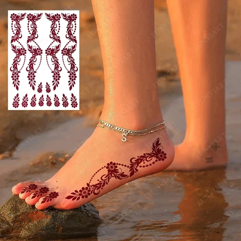 Maroon Henna Tattoo Stickers for Hand Foot Flower Temporary Tattoos for Wedding Party Brown Fake Tattoo for Women Body Art