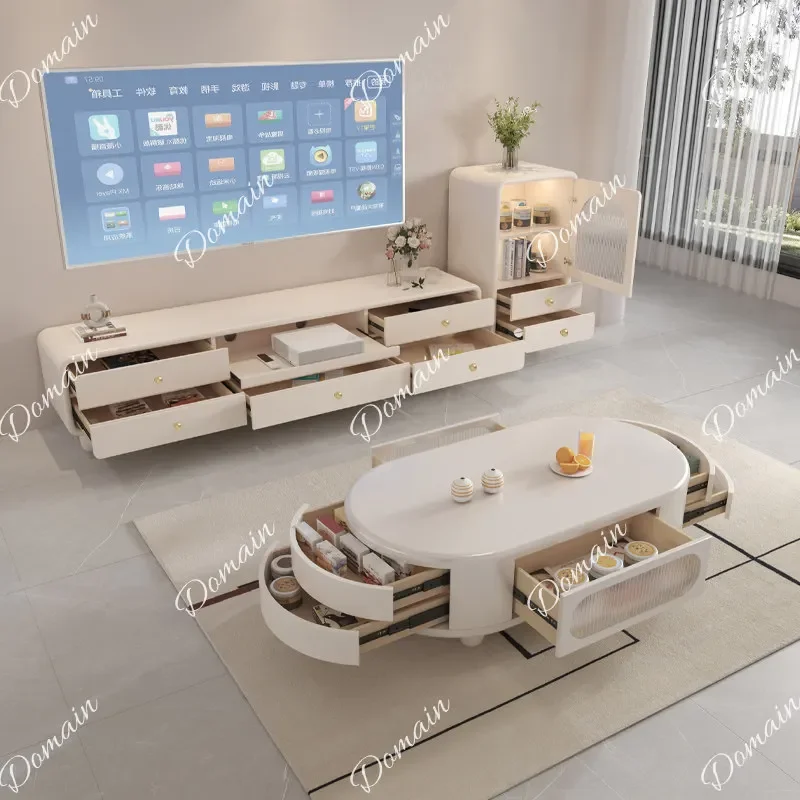 81 N New Cream Style Laser Projector Coffee Table TV Cabinet Combo for Living Room Small Apartment Luxury