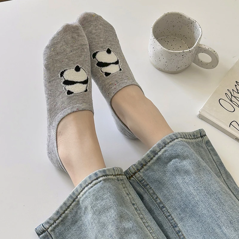 5 Paar neue unsichtbare Damensocken mit Cartoon-Panda-Motiv, Sommer, Mujer, Silikon, rutschfest, Chaussette, weiblich, weich, atmungsaktiv, dünne Bootssocken – Detail 8