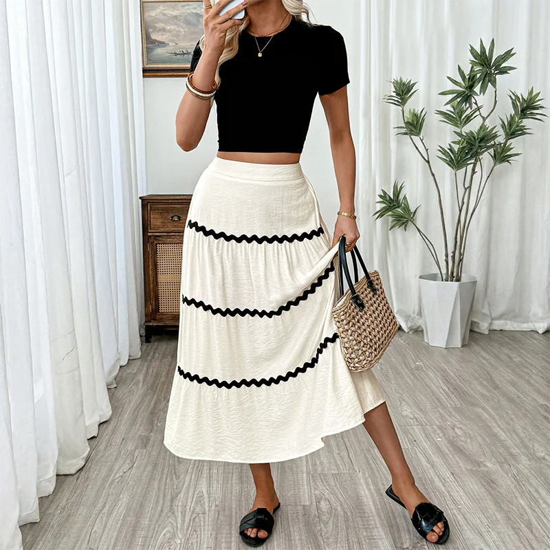 2026 Summer New Color-Contrasting Patchwork Half-Dress, European Vacation Style Stretch Waist Mid-Length Skirt