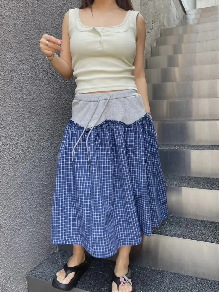 Gonna da donna di media lunghezza con motivo scozzese retrò carino Patchwork Color Blo Gonna da donna in vita elastica giapponese Sle Primavera Autunno Inverno
