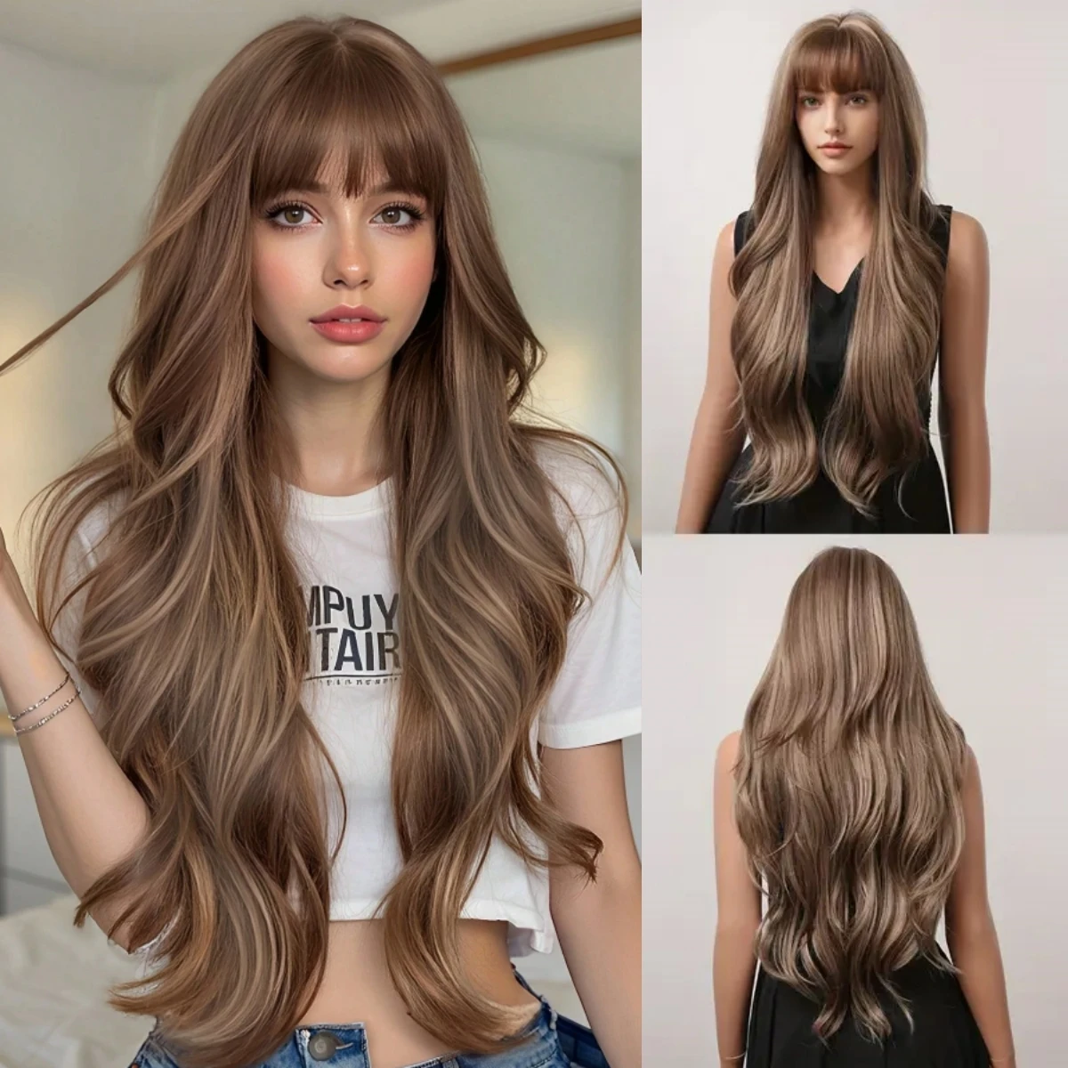 

Allbell Magique Длинный вьющийся Ombre Коричневый блондин Выделенный синтетический парик с челкой Термостойкий для женщин Волосы для повседневной вечеринки