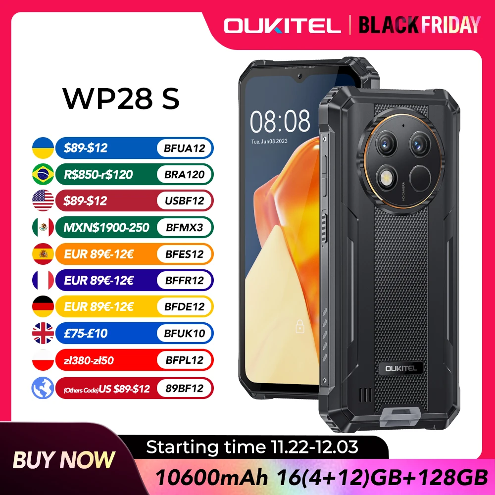 Oukitel WP28 S Rugged smartphone 6.52‘' HD 10600mAh 16GB (4+12)+128GB Android14 13MP Camera cellphone