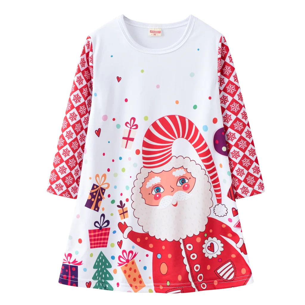 

Suitable for 1-10 year girls Christmas autumn cartoon girl cute round neck long sleeve dress multi-color printed A-line dress