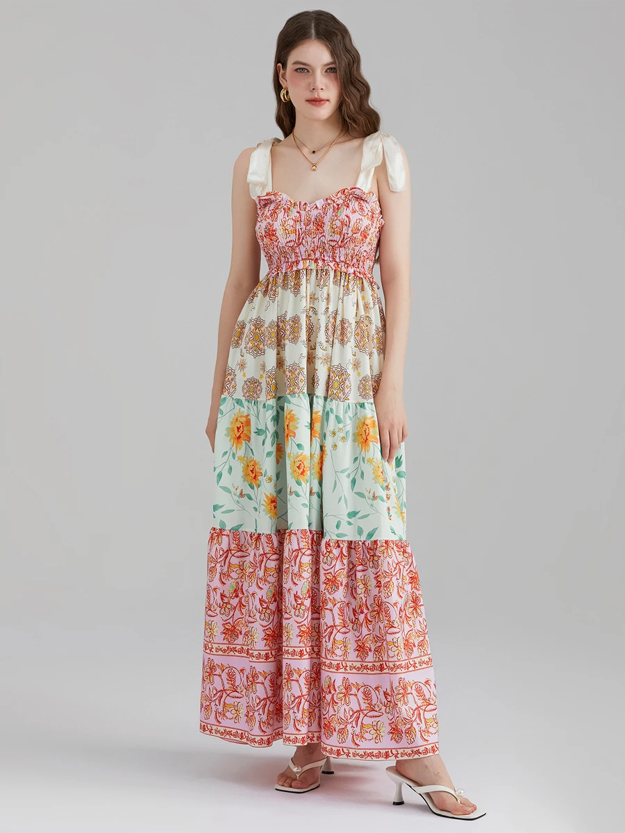 Vrouwen Cami Jurk Met Bloemenprint Stropdas-Up Schouderbanden Mouwloze Jurk Lange Jurk Zomer Grote Swing A-Line Jurk