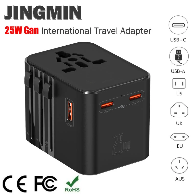 JINGMIN Universal Travel Adapter with 4 AC Outlets 1 USB Ports 2 Type-C PD 25W All-in-one Fast Power Charge On EU UK US AUS Plug