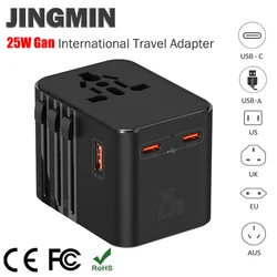 JINGMIN Universal Travel Adapter with 4 AC Outlets 1 USB Ports 2 Type-C PD 25W All-in-one Fast Power Charge On EU UK US AUS Plug