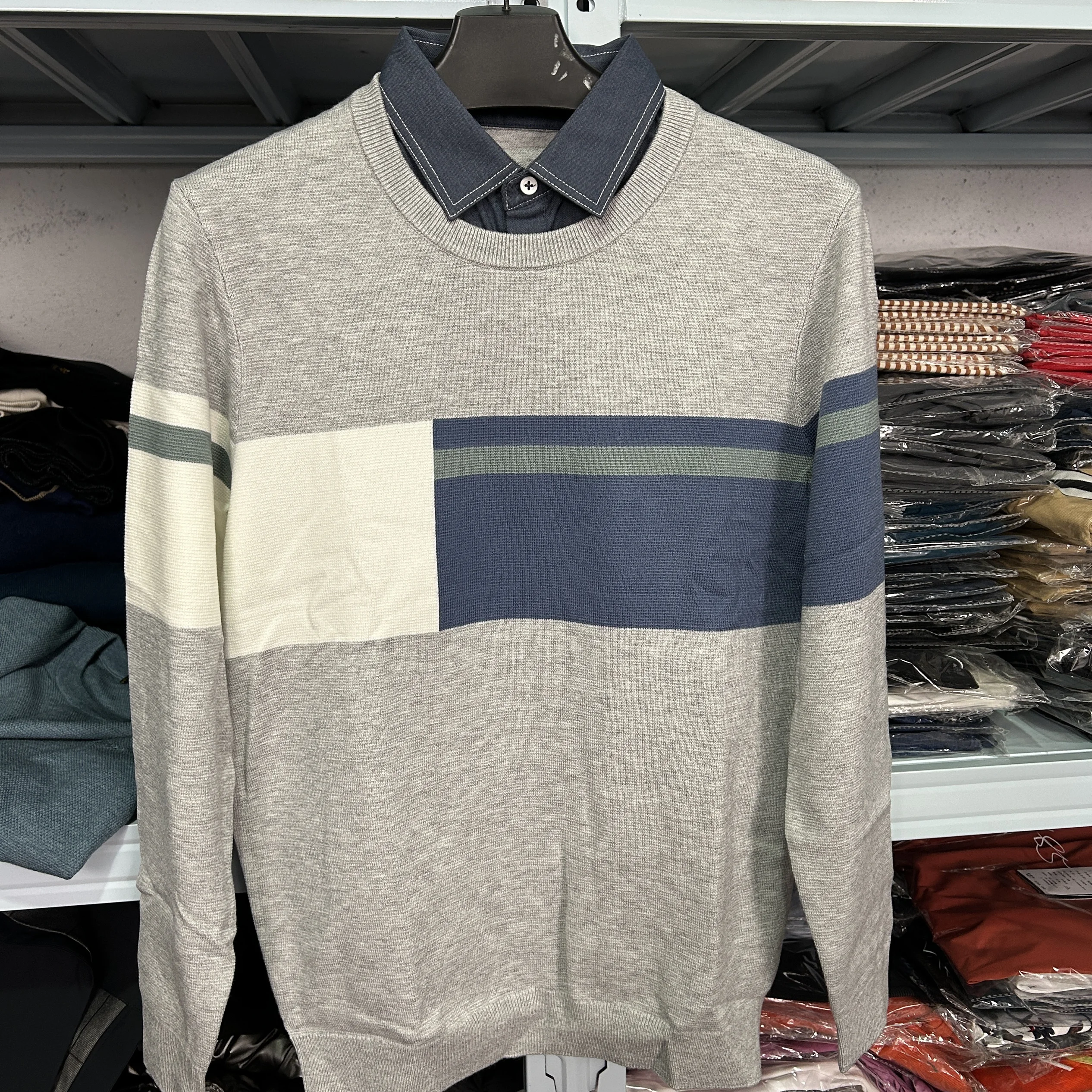 

H Brand Knitted Sweater Fake Two-Piece ey Blue White Patchwork Knitted Fake Two-Piece Long Sve Faion Urban Sle M ...