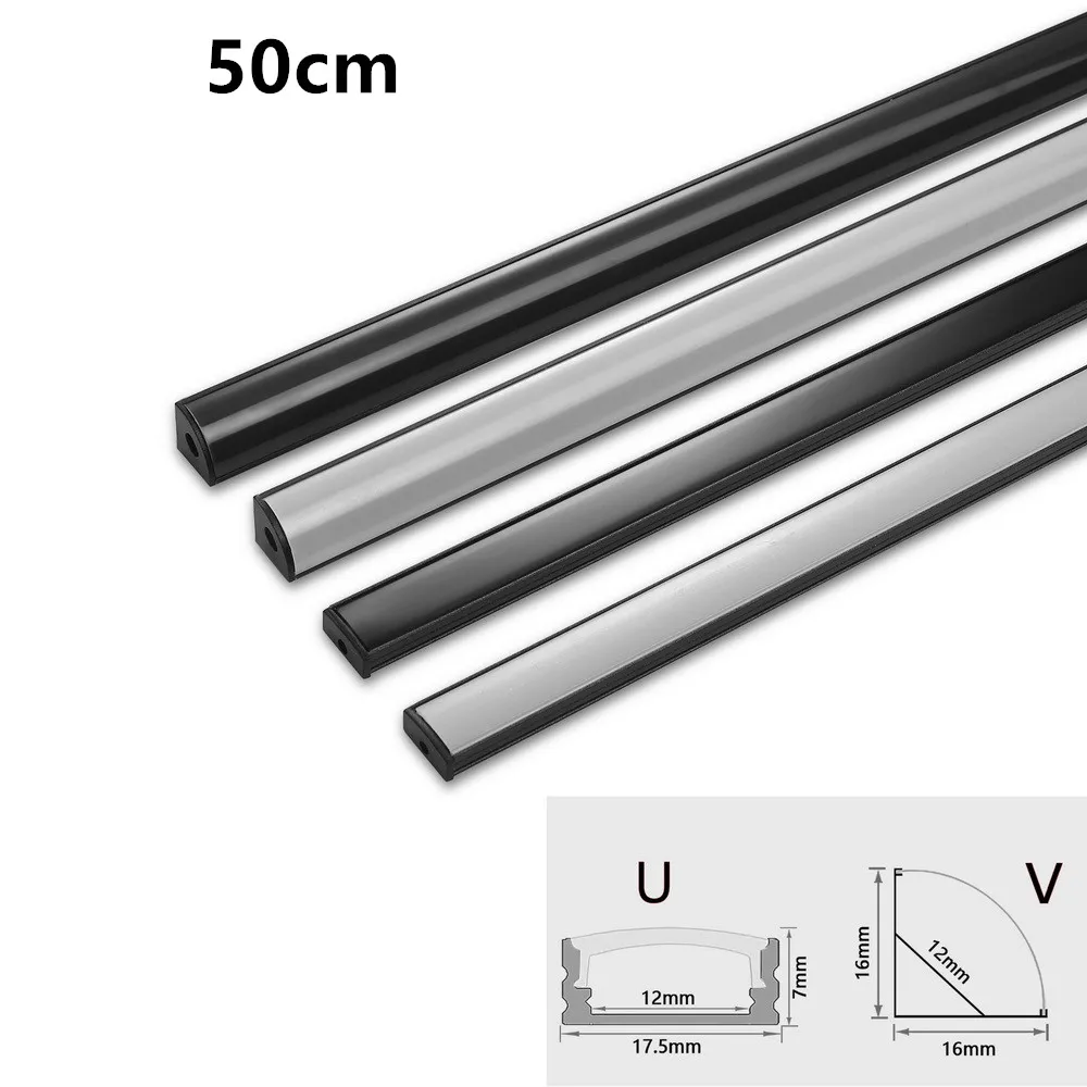 1-30PCS/Lot 0.5m Black V/U LED Aluminum Profile For 5050 5630 Channel Holder Milky Cover Cabinet Closet Linear Bar Strip Lights