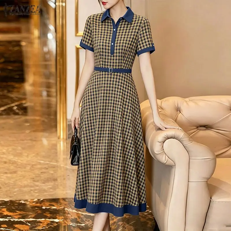 ZANZEA Women's Elegant Gingham Short Sleeve Maxi Dress Contrast-Color Half-Buttons Collared A-Line Dresses Vintage Robes Femme
