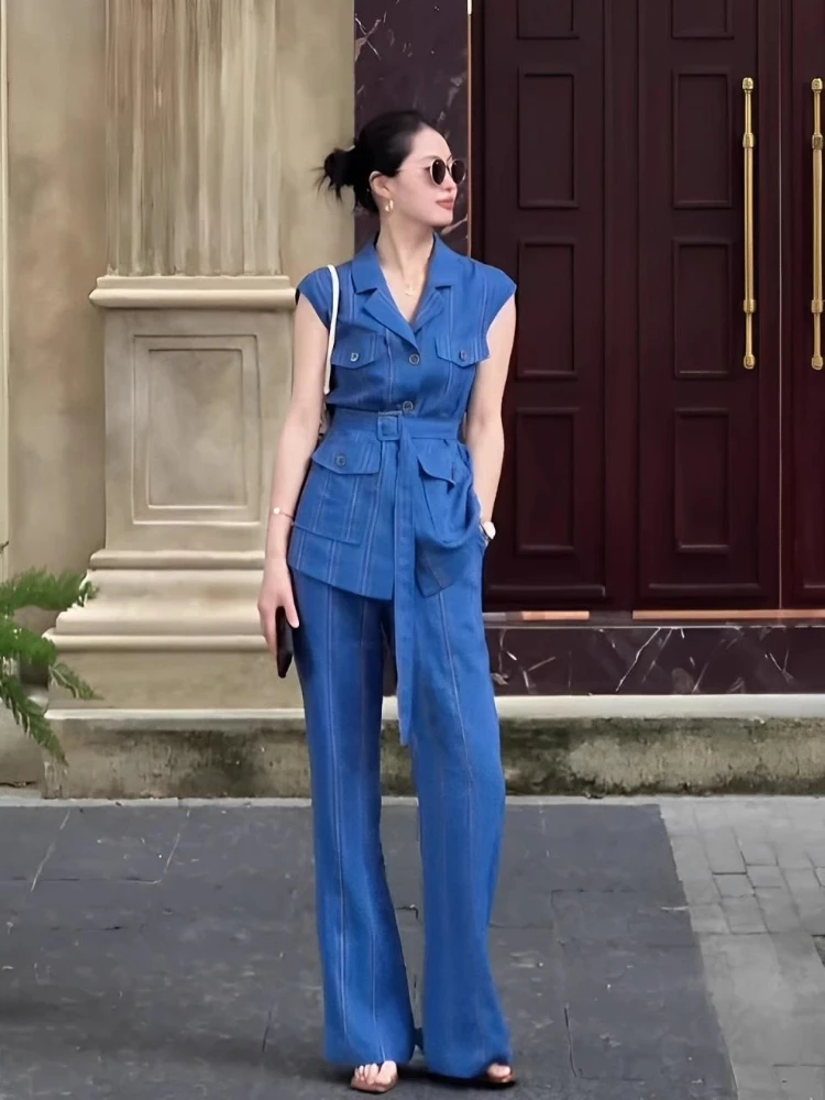 

Old money style light luxury feeling commuting blue striped vest wide leg pants women's summer temperament two piece set
