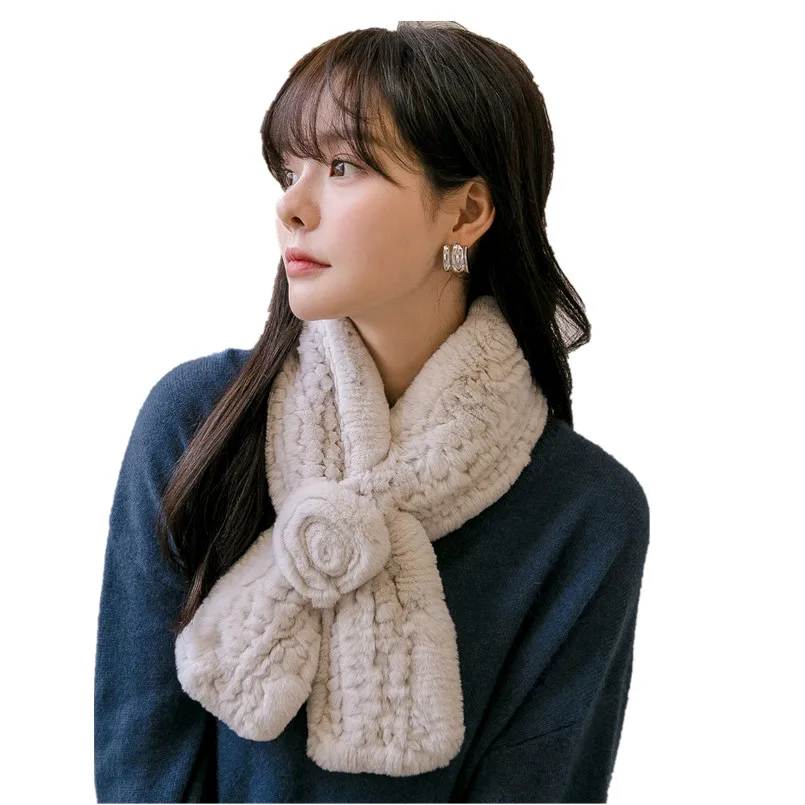 

Winter Real Rex Rabbit Fur Scarves Rose Floral Fashion Women Muffler Lady Handmade Knitted Neck Warmer