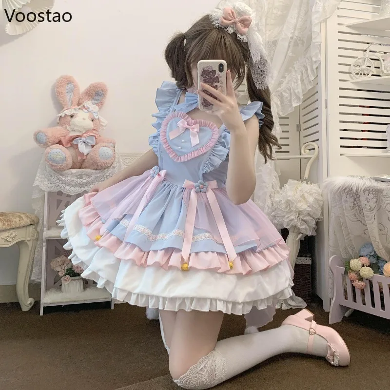 Sweet Lolita Jsk Dress Women Kawaii Mesh Ruffles Flower Bow Lace Party Slim Dresses Japanese Harajuku Cute Princess Mini Dress