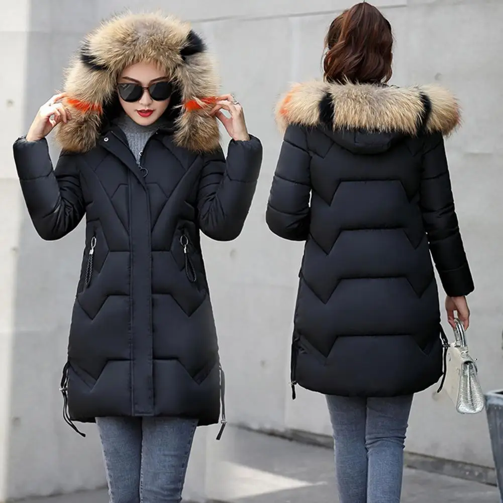 Winter Women Parkas With Furry Hood Solid Color Neck Pockets Cotton Jacket Mid Length Zipper Closure Padded Coat