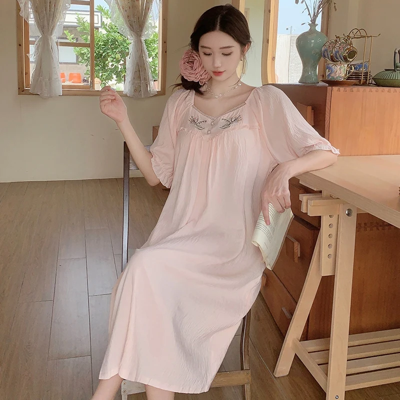 Summer Short Sleeve Cotton Long Dress Nightgowns for Women Korean Cute Lace Sleepwear Student Night Dress Nightdress Home Nighty