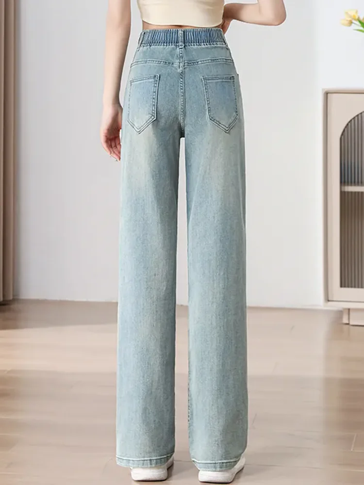 Women Casual Loose Wide Leg Jeans Korean Fashion Vintage Elastic High Waist Straight Denim Pants Streetwear Solid Baggy Vaqueros